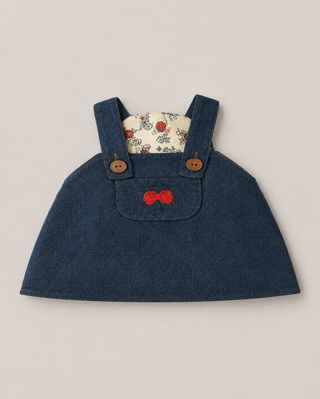 Denim dog pinafore with red embroidered bow pocket and floral lining