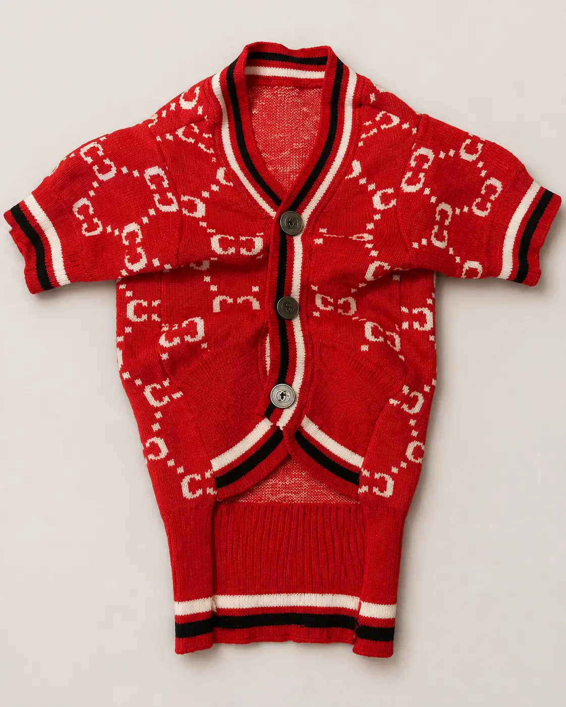 Red monogram knit dog cardigan with cream and black varsity trim