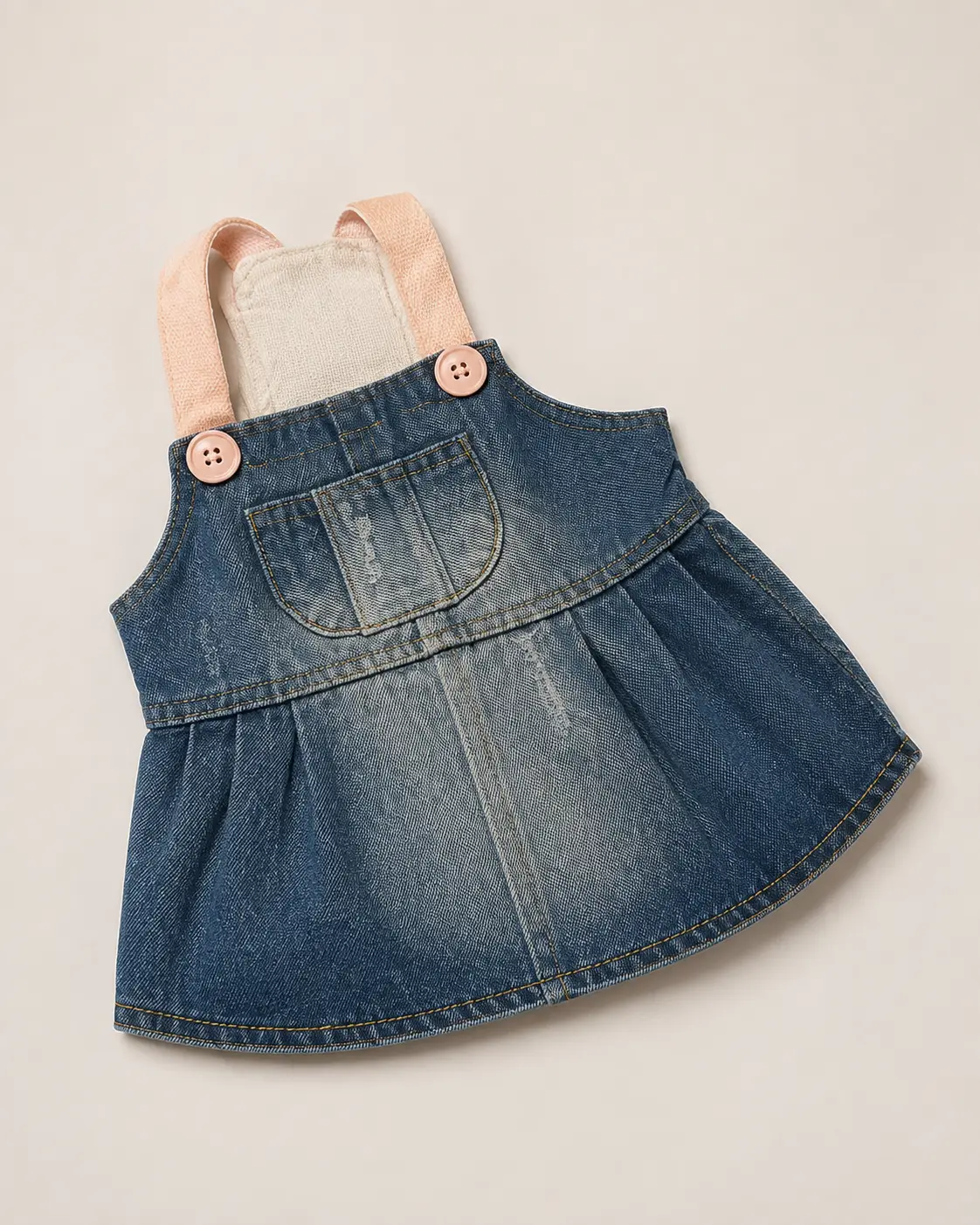 Washed blue denim dog pinafore with pink straps and buttons