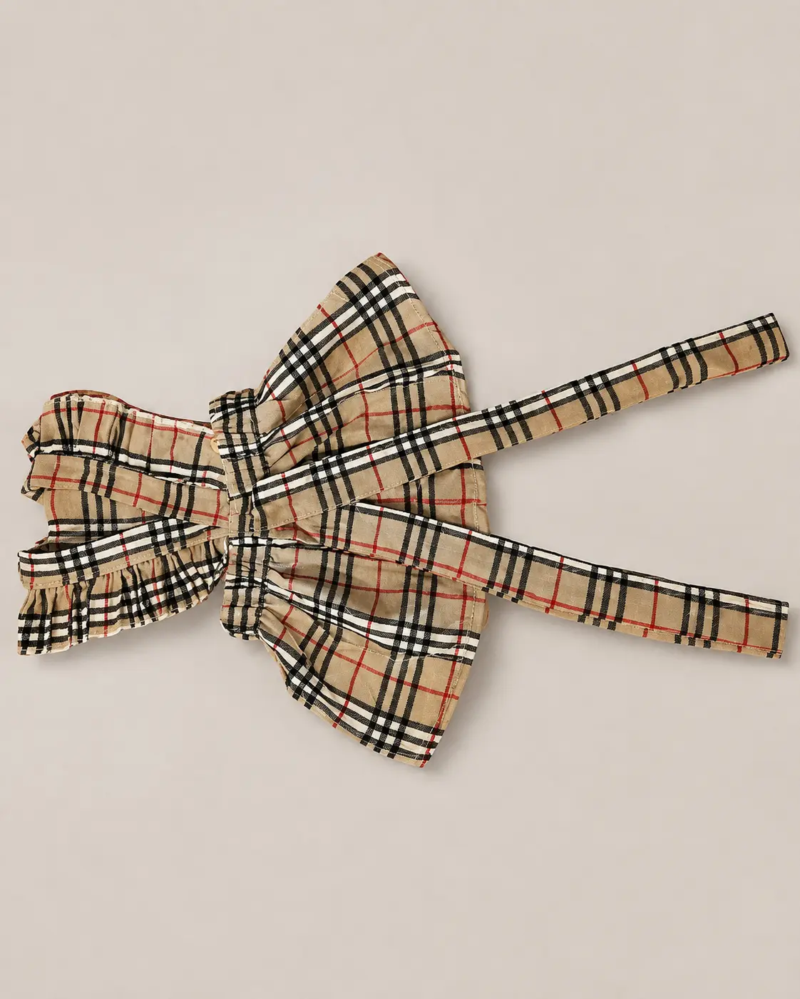 Beige heritage check dog dress with ruffles and sash ties