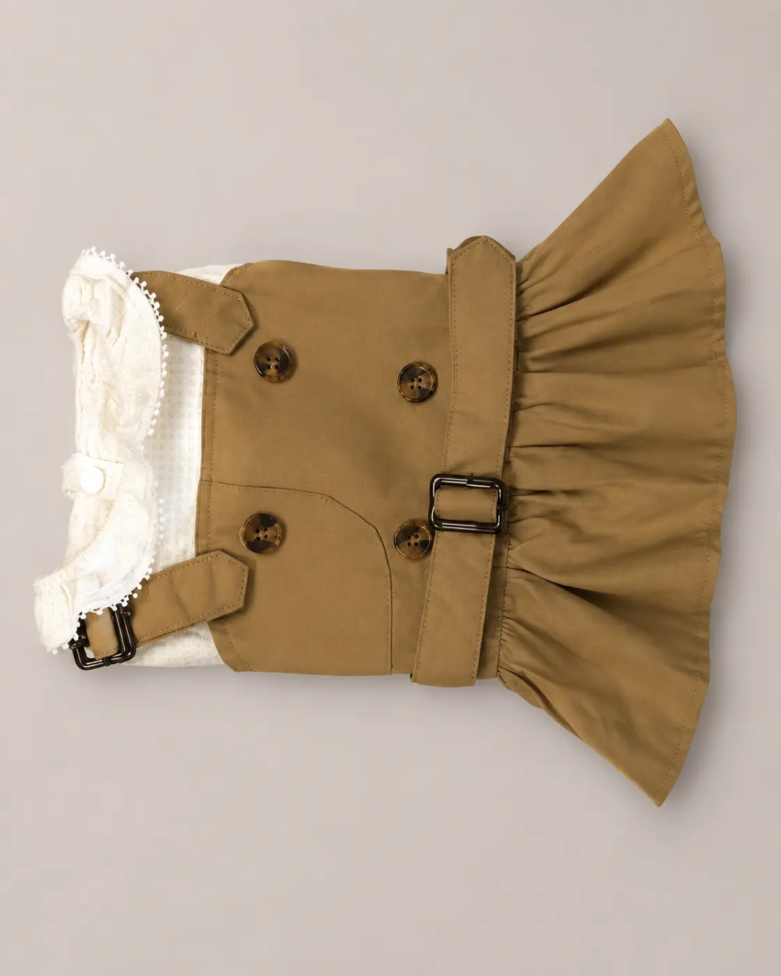 Camel trench-style dog dress with tortoise buttons, belt and ruffled skirt