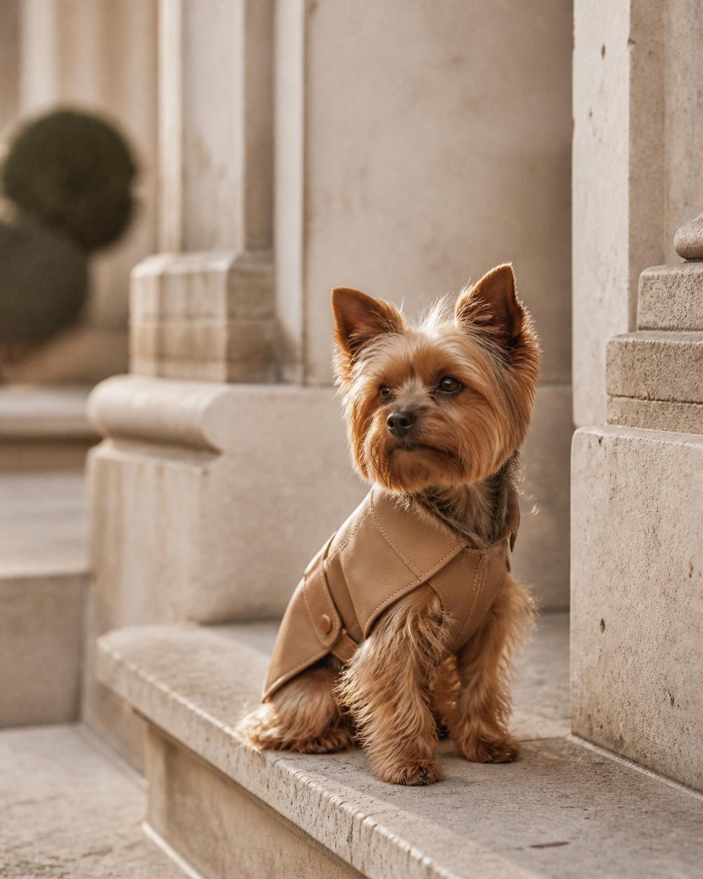 Yorkshire terrier in a tan leather coat on a limestone stoop