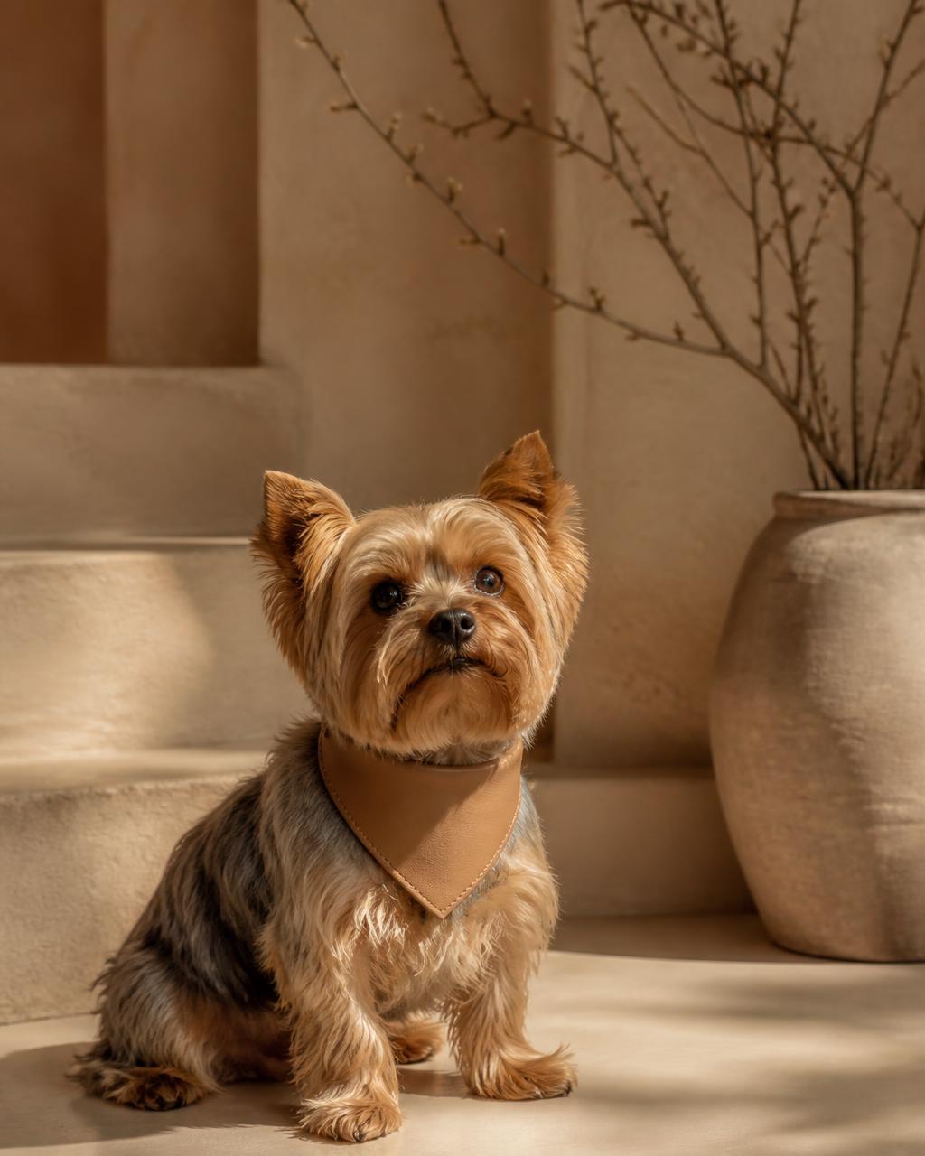 Yorkshire terrier wearing a camel leather bandana in a warm interior