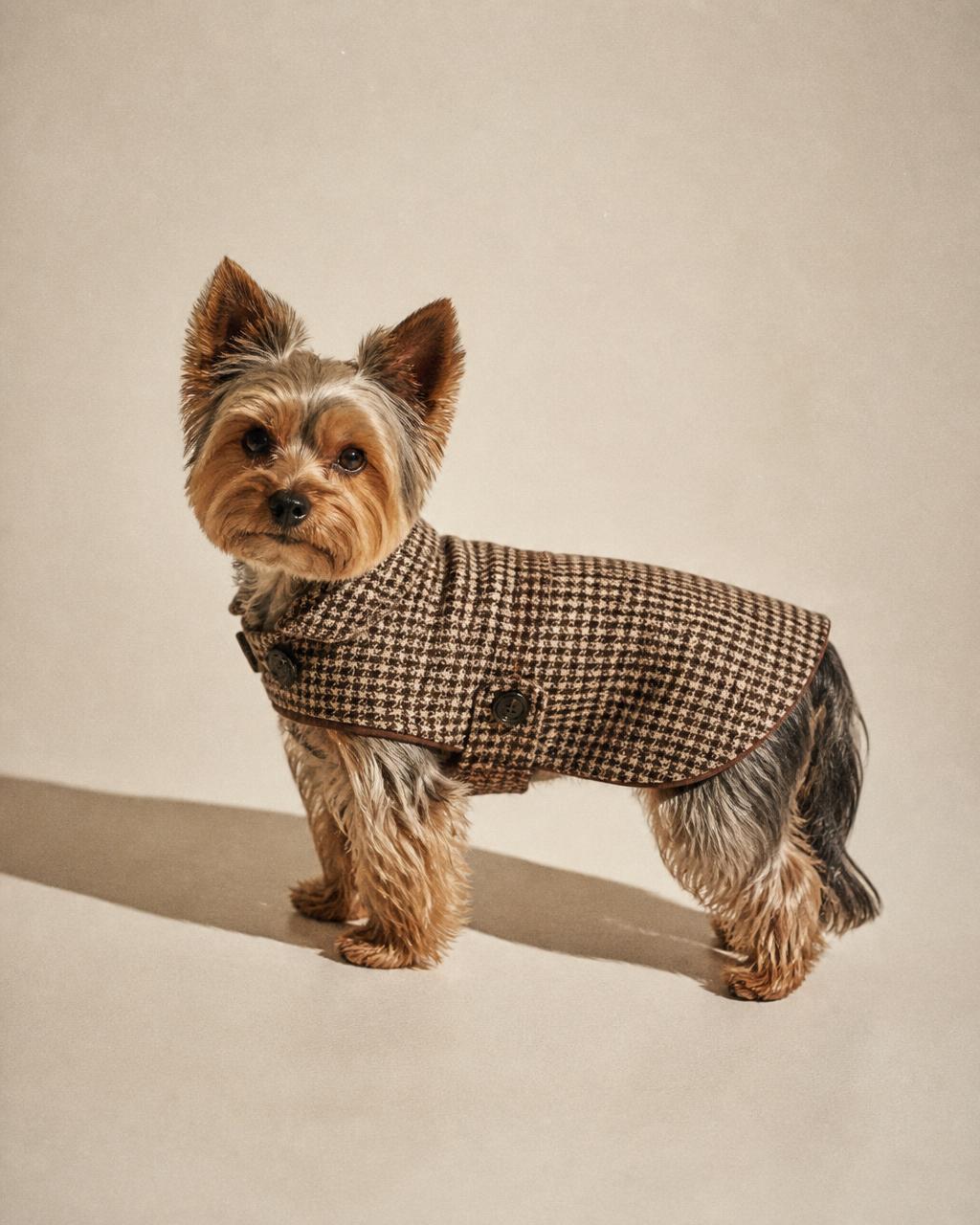 Yorkshire terrier in a houndstooth wool coat, full length