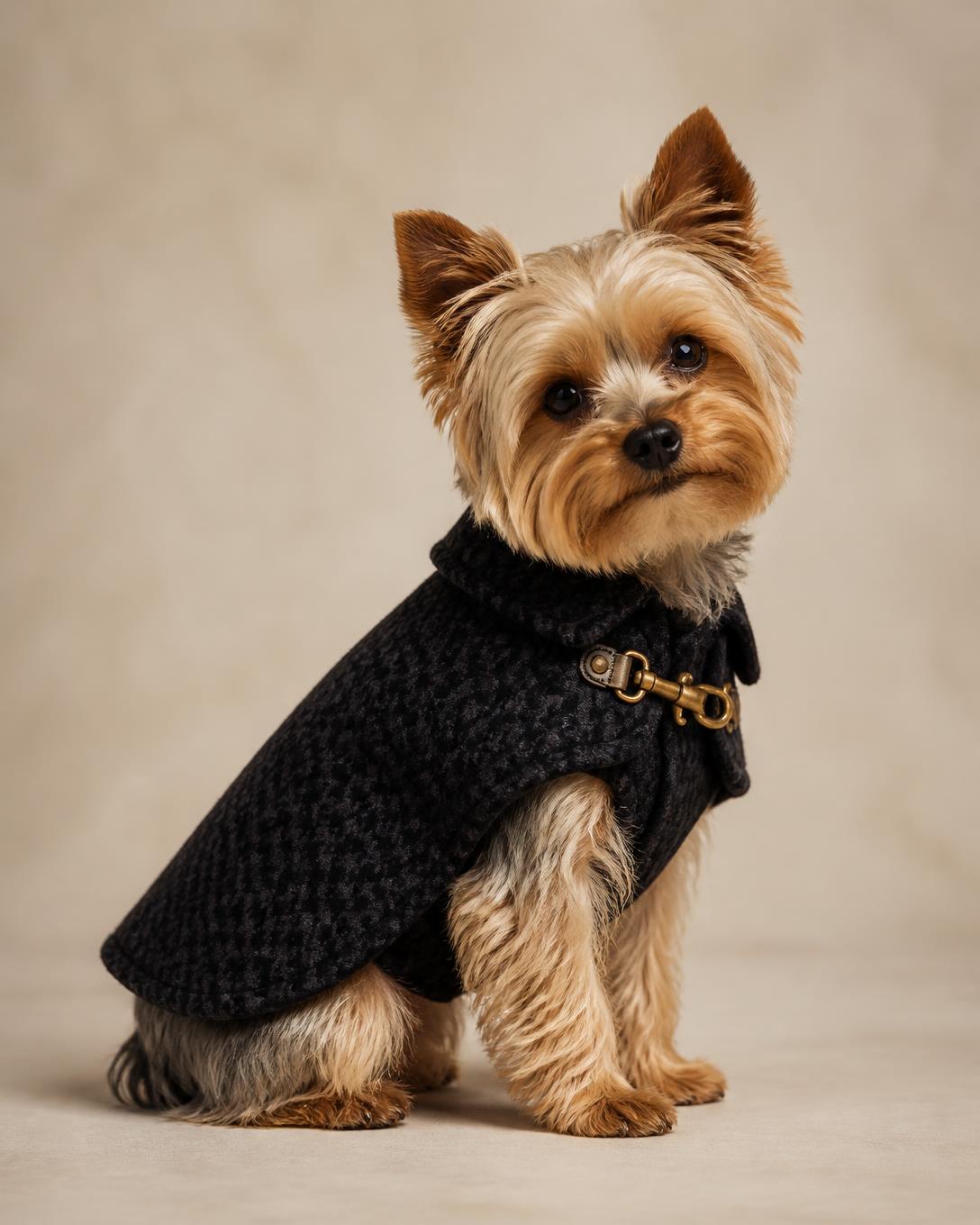 Yorkshire terrier wearing a black houndstooth wool coat with a brass clasp